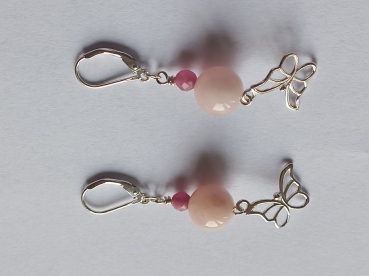 silver earrings-leverbacks with jmorganite and tourmaline beads and butterfly-the colour is pink--