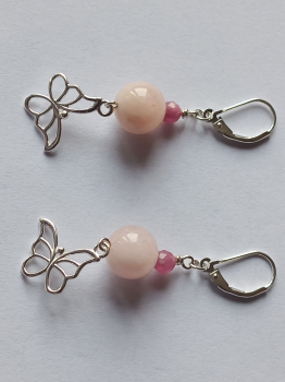 silver earrings-leverbacks with jmorganite and tourmaline beads and butterfly-the colour is pink-