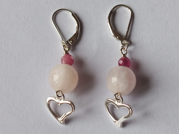 silver earrings-leverbacks with morganite and tourmaline beads and heart-the colour is pink