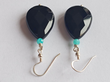 silver earrings-ear wires with turquoise amazonite beads and black onyx drops---