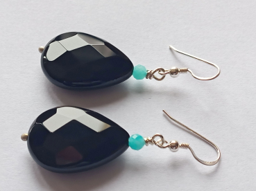 silver earrings-ear wires with turquoise amazonite beads and black onyx drops-
