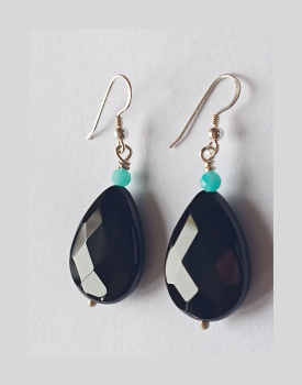silver earrings-ear wires with turquoise amazonite beads and black onyx drops