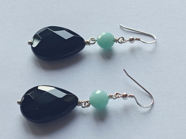 Preview: silver earrings-ear wires with turquoise amazonite beads and black onyx drops-