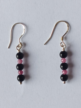 silver earrings-ear wires with onyx and tourmaline beads-the colour is black and pink