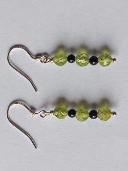 silver earrings-ear wires with peridot and onyx beads-green and black colour--