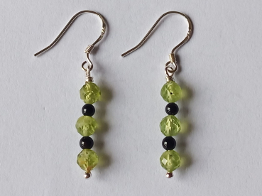silver earrings-ear wires with peridot and onyx beads-green and black colour