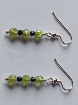 silver earrings-ear wires with peridot and tourmaline beads-green and black colour-