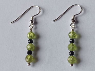 silver earrings-ear wires with peridot and tourmaline beads-green and black colour