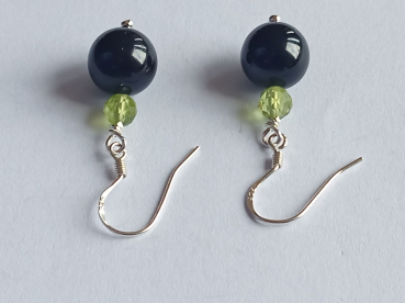 silver earrings-ear wires with tourmaline and peridot beads-the colour is black and green---