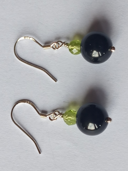silver earrings-ear wires with tourmaline and peridot beads-the colour is black and green--
