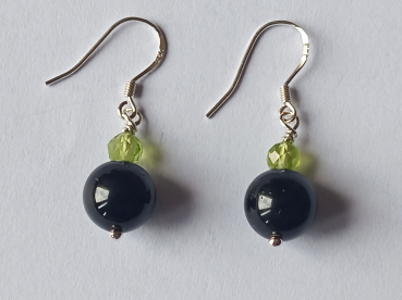 silver earrings-ear wires with tourmaline and peridot beads-the colour is black and green
