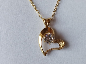 gold plated silver chain with 6 mm white zirconia heart pendant-anchor chain 45 cm