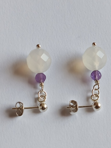 silver earrings-ear studs with agate and amethyst beads-----