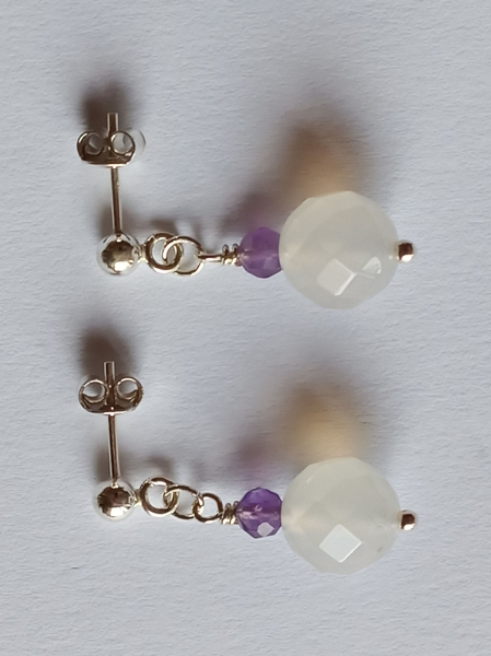 silver earrings-ear studs with agate and amethyst beads---