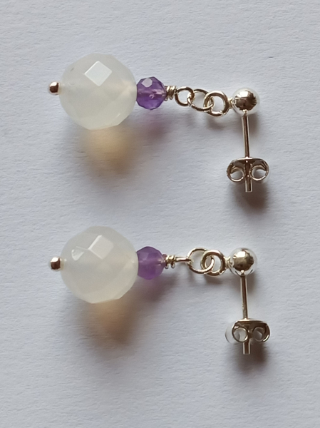 silver earrings-ear studs with agate and amethyst beads--