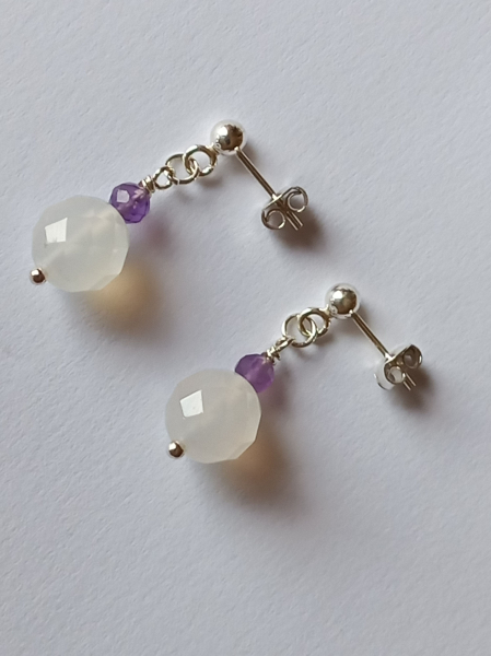 silver earrings-ear studs with agate and amethyst beads-