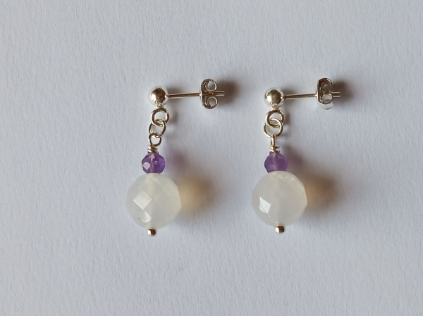 silver earrings-ear studs with agate and amethyst beads