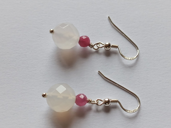 silver earrings-ear wires with agate and tourmaline beads-the colour is white and pink--