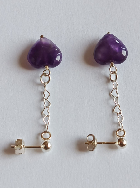 silver earrings-ear studs with amethyst heart and chain----