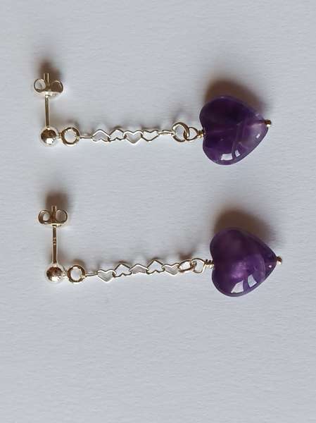 silver earrings-ear studs with amethyst heart and chain---