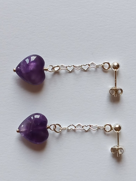 silver earrings-ear studs with amethyst heart and chain--