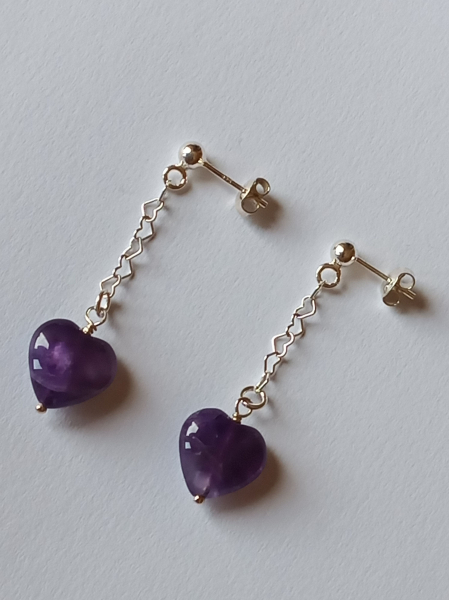 silver earrings-ear studs with amethyst heart and chain-