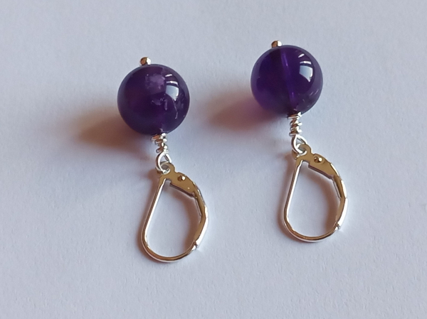 silver earrings-leverbacks with purple amethyst beads---