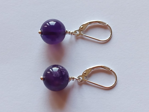 silver earrings-leverbacks with purple amethyst beads-
