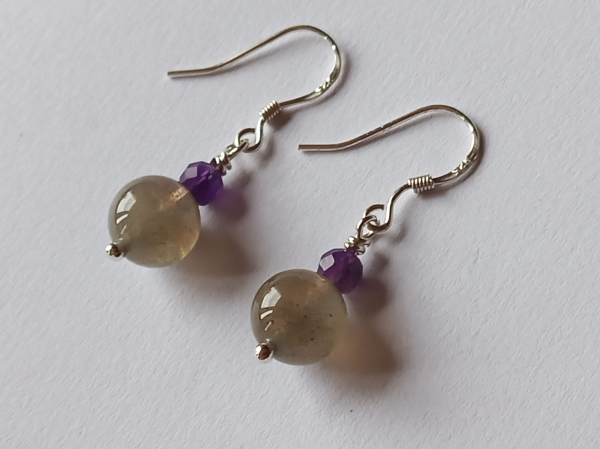silver earrings-ear wires with labradorite and amethyst beads-the colour is blue and purple-