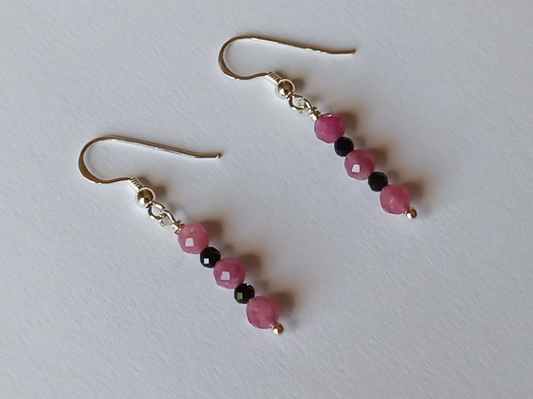 silver earrings-ear wires with tourmaline beads-pink and black colour----