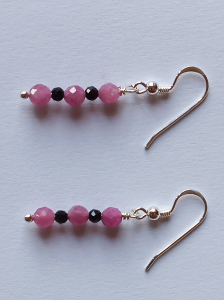 silver earrings-ear wires with tourmaline beads-pink and black colour--