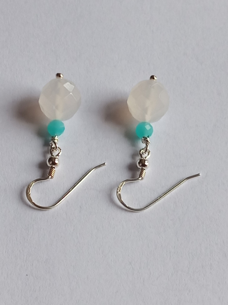 silver earrings-ear wires with agate and amazonite beads-the colour is white and turquoise---