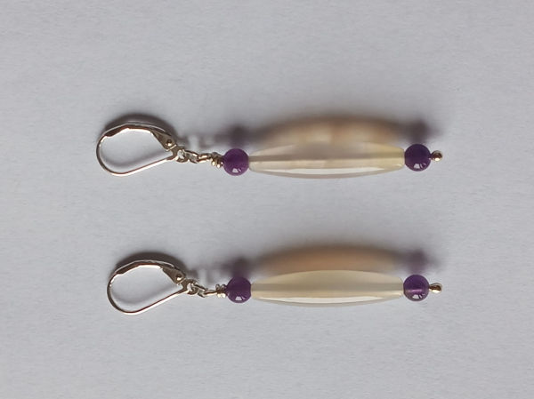 silver earrings-leverbacks withamethyst beads and agate tubes-the colours are white and purple--