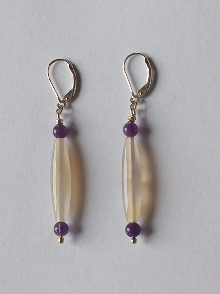 silver earrings-leverbacks withamethyst beads and agate tubes-the colours are white and purple