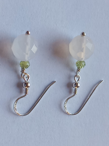 silver earrings-ear wires with agate and peridot beads-the colour is white and green---