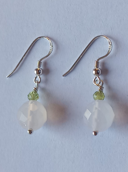 silver earrings-ear wires with agate and peridot beads-the colour is white and green