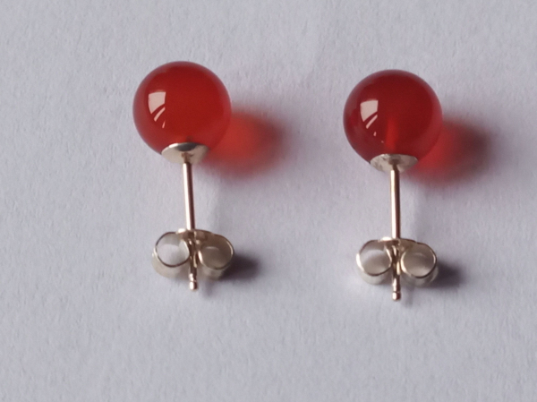 silver earrings-ear-studs with red agate balls-8 mm---