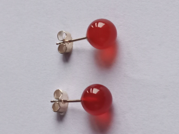 silver earrings-ear-studs with red agate balls-8 mm--