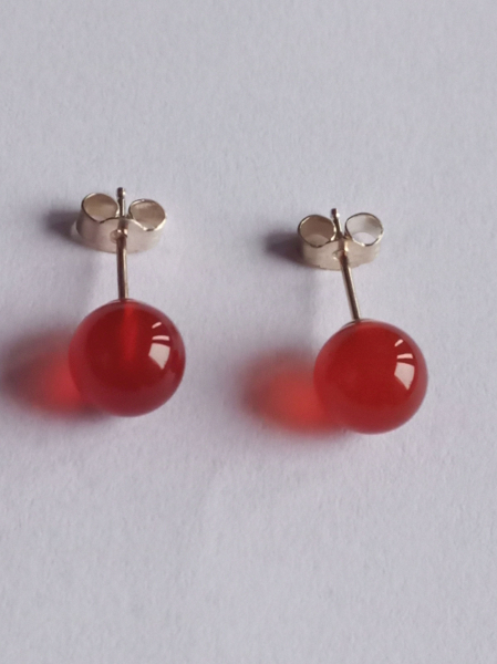 silver earrings-ear-studs with red agate balls-8 mm