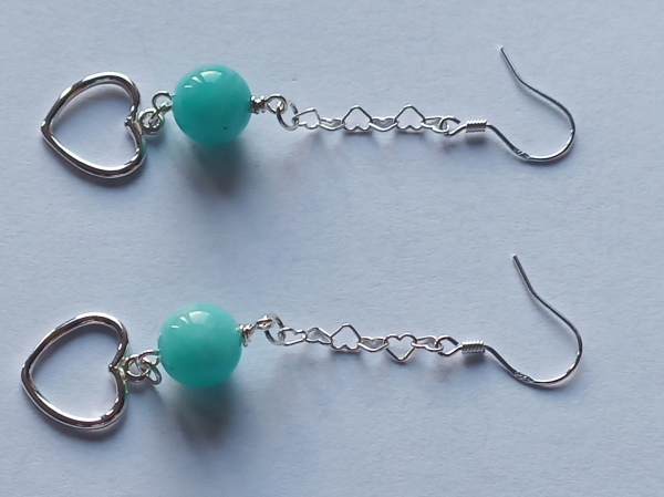 silver earrings-ear wires with turquoise amazonite beads and heart with chain-