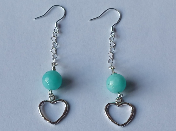 silver earrings-ear wires with turquoise amazonite beads and heart with chain