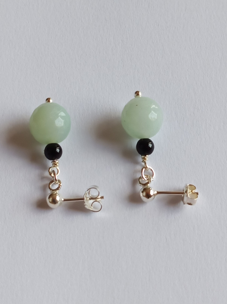 silver earrings-ear studs with amazonite and onyx beads----