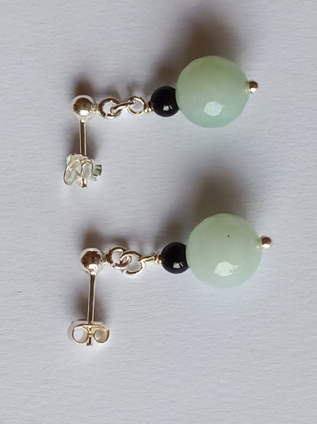 silver earrings-ear studs with amazonite and onyx beads---