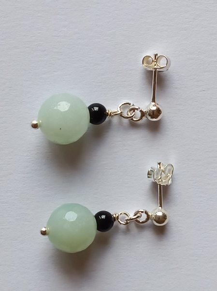 silver earrings-ear studs with amazonite and onyx beads--