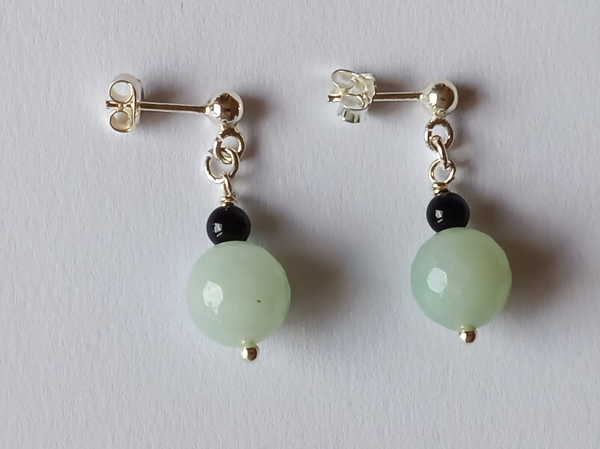 silver earrings-ear studs with amazonite and onyx beads