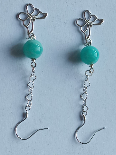 silver earrings-ear wires with turquoise amazonite beads and butterfly with chain---