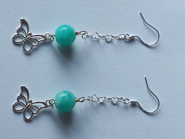 silver earrings-ear wires with turquoise amazonite beads and butterfly with chain-