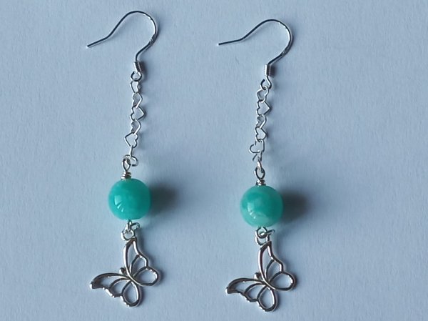 silver earrings-ear wires with turquoise amazonite beads and butterfly with chain