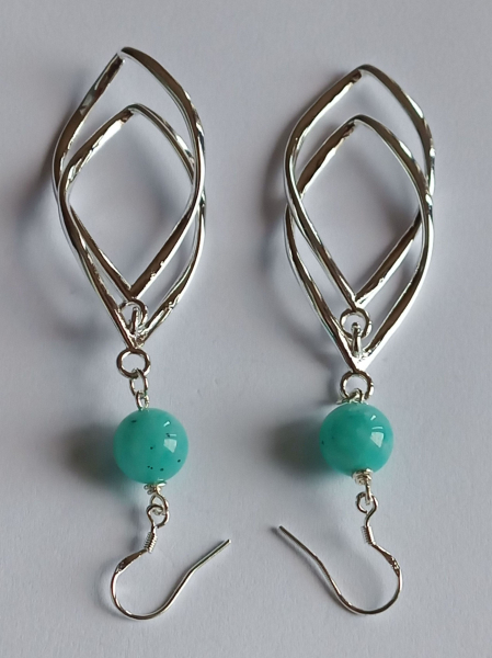 silver earrings-ear wires with turquoise amazonite beads and leaves---