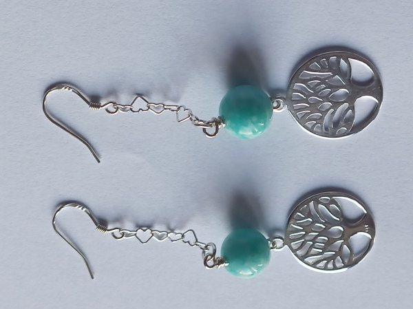 silver earrings-ear wires with turquoise amazonite beads and tree of life with chain--